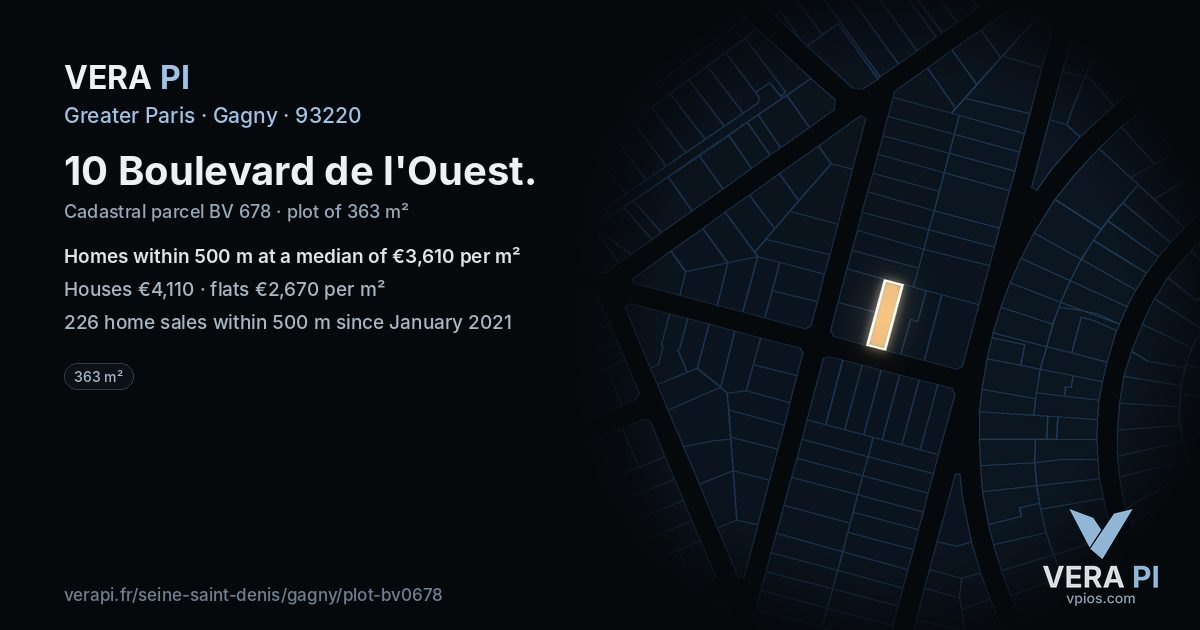 10 Boulevard de l'Ouest, Gagny at night – the plot lit, the parcels around coloured by the prices near them