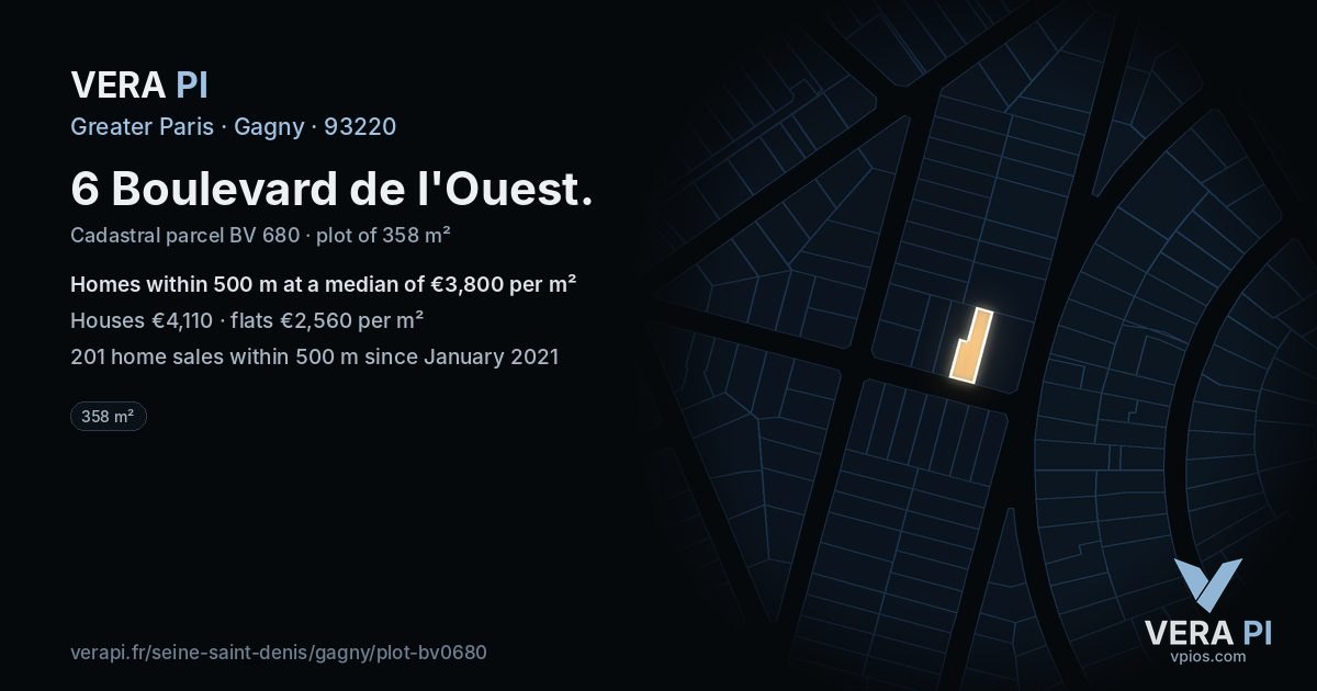6 Boulevard de l'Ouest, Gagny at night – the plot lit, the parcels around coloured by the prices near them