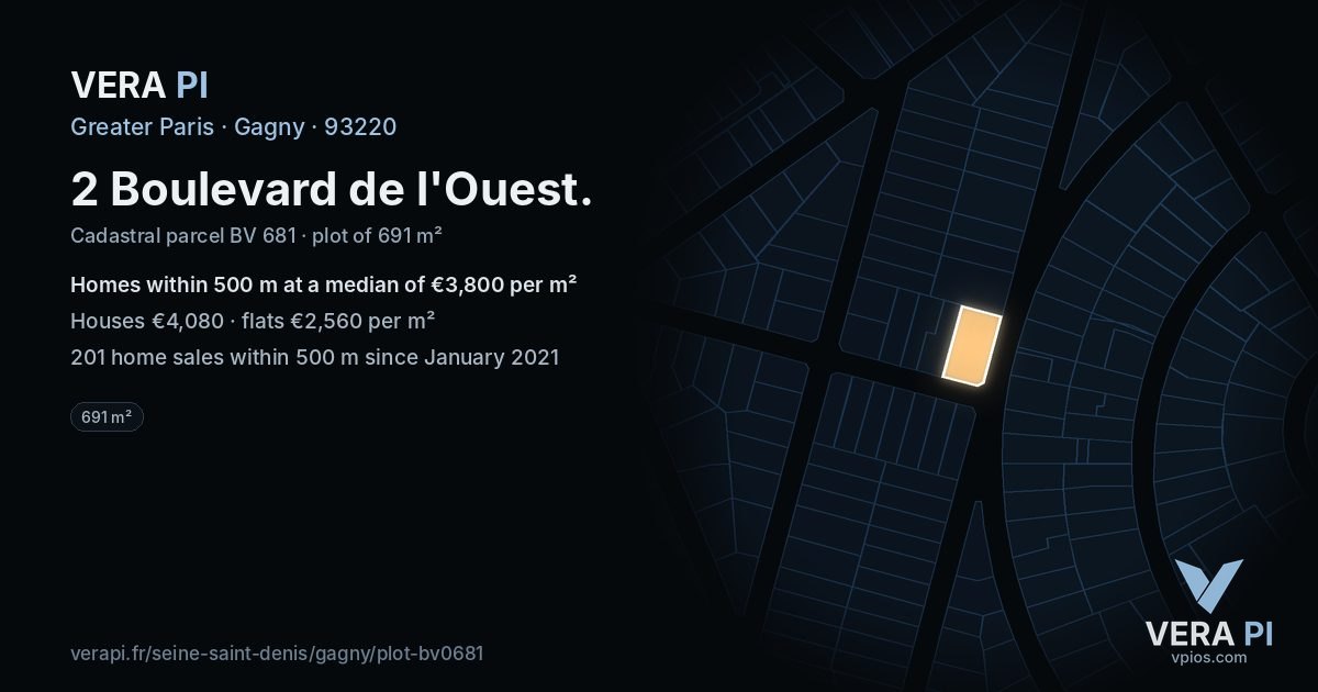 2 Boulevard de l'Ouest, Gagny at night – the plot lit, the parcels around coloured by the prices near them