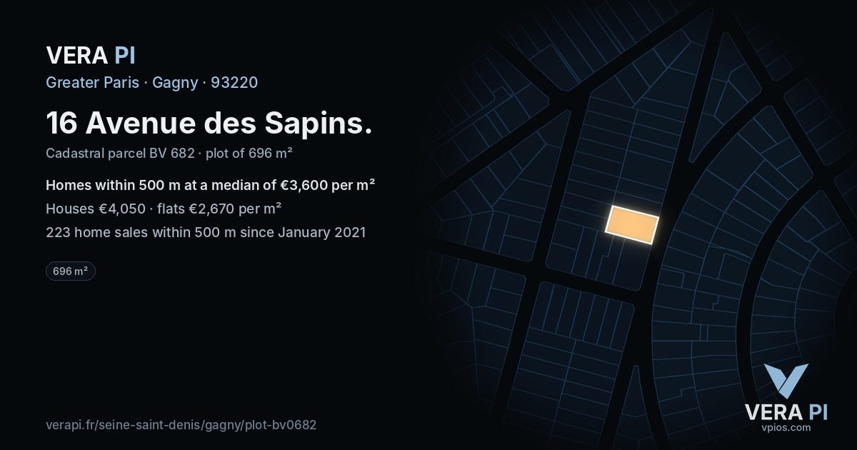 16 Avenue des Sapins, Gagny at night – the plot lit, the parcels around coloured by the prices near them