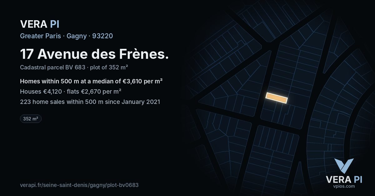 17 Avenue des Frènes, Gagny at night – the plot lit, the parcels around coloured by the prices near them