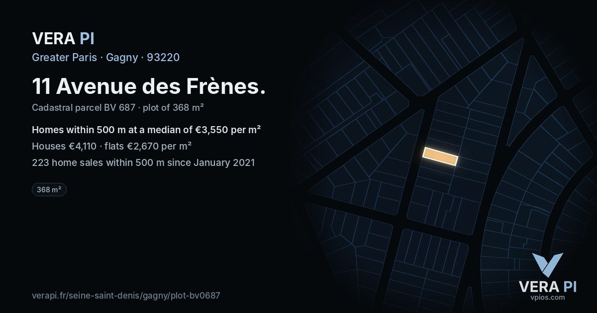 11 Avenue des Frènes, Gagny at night – the plot lit, the parcels around coloured by the prices near them