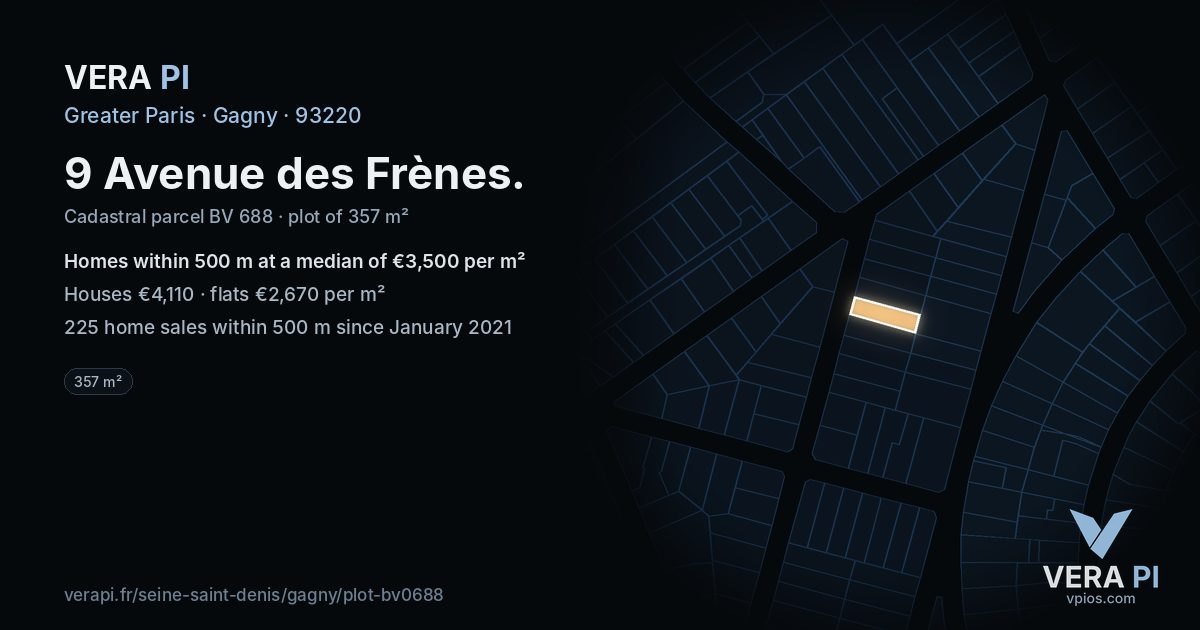 9 Avenue des Frènes, Gagny at night – the plot lit, the parcels around coloured by the prices near them