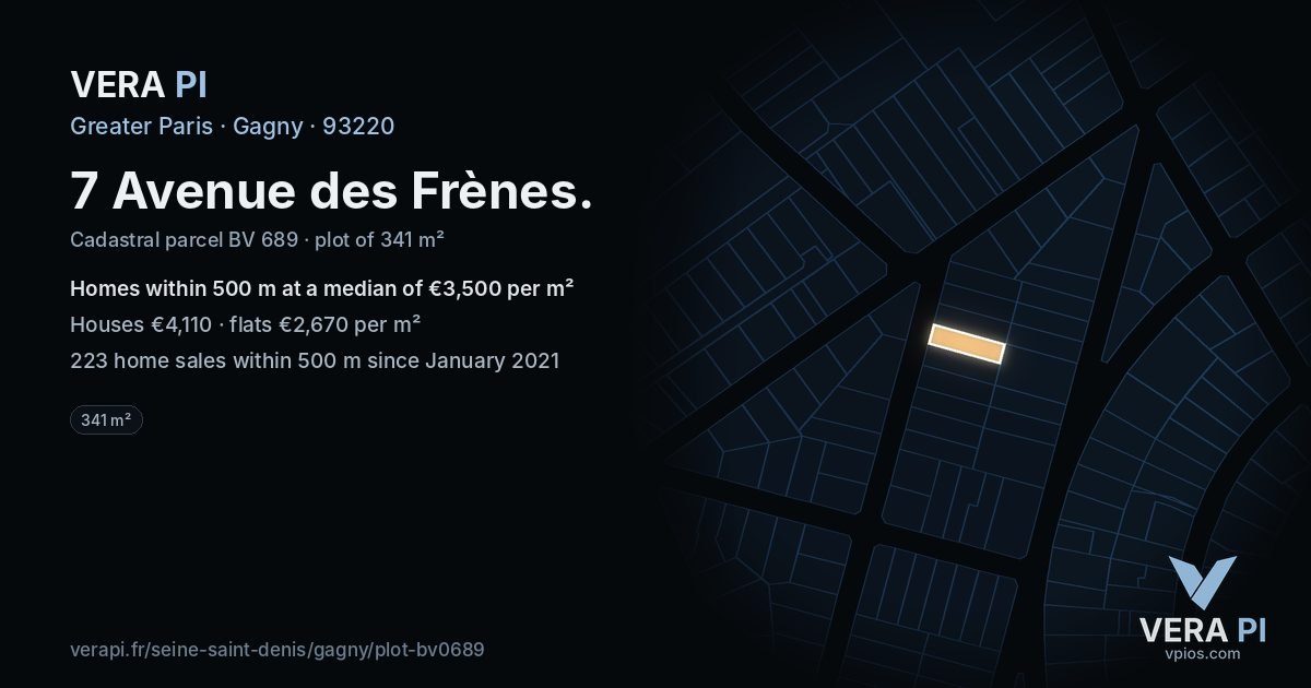 7 Avenue des Frènes, Gagny at night – the plot lit, the parcels around coloured by the prices near them