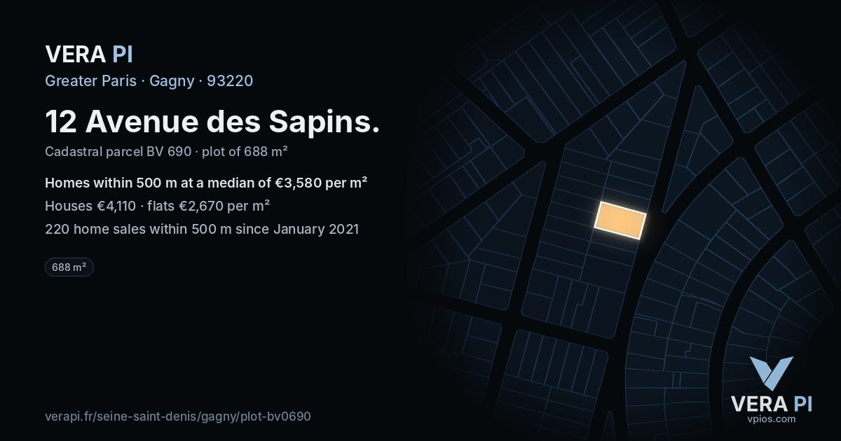 12 Avenue des Sapins, Gagny at night – the plot lit, the parcels around coloured by the prices near them