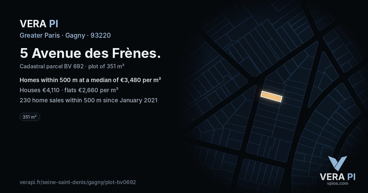5 Avenue des Frènes, Gagny at night – the plot lit, the parcels around coloured by the prices near them