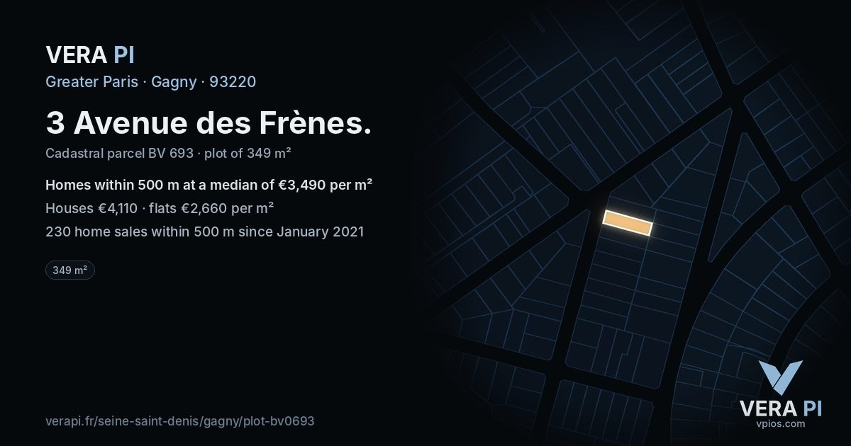 3 Avenue des Frènes, Gagny at night – the plot lit, the parcels around coloured by the prices near them