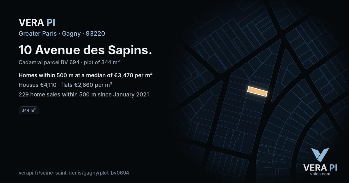10 Avenue des Sapins, Gagny at night – the plot lit, the parcels around coloured by the prices near them