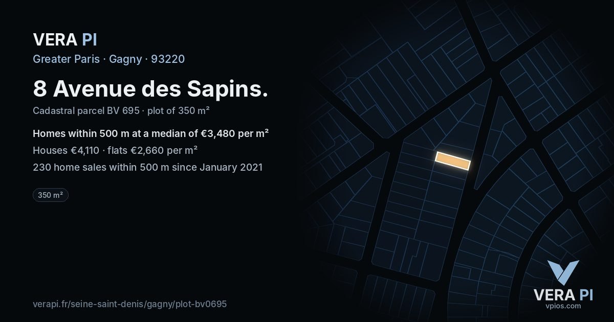8 Avenue des Sapins, Gagny at night – the plot lit, the parcels around coloured by the prices near them
