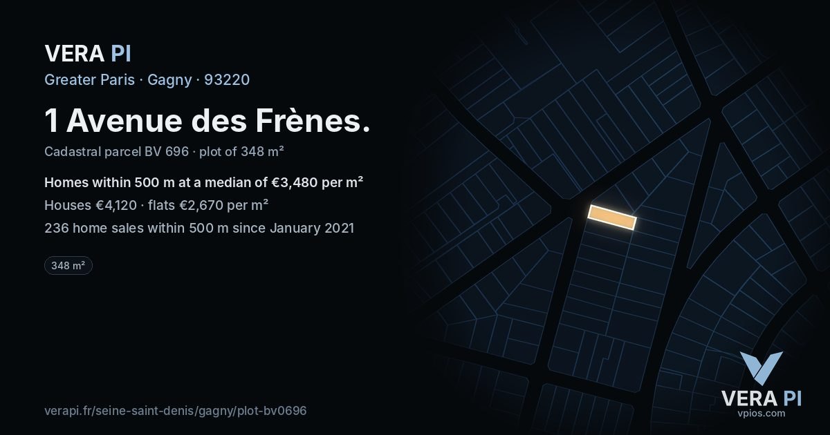 1 Avenue des Frènes, Gagny at night – the plot lit, the parcels around coloured by the prices near them