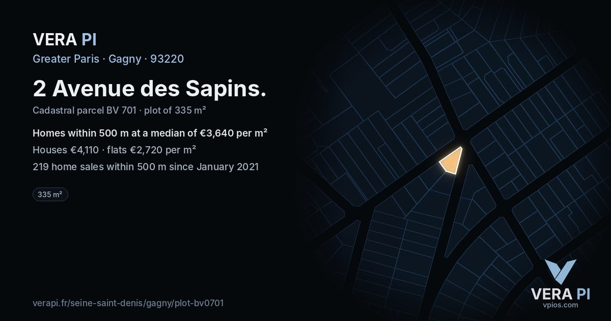 2 Avenue des Sapins, Gagny at night – the plot lit, the parcels around coloured by the prices near them