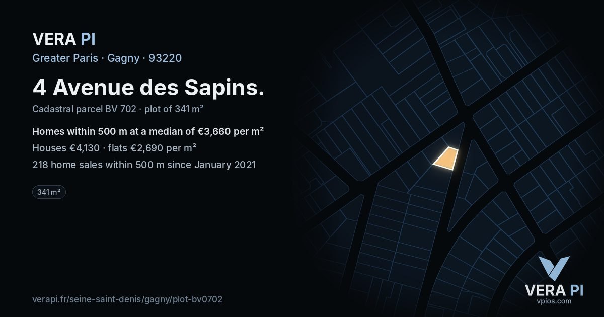 4 Avenue des Sapins, Gagny at night – the plot lit, the parcels around coloured by the prices near them