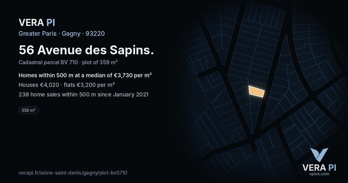 56 Avenue des Sapins, Gagny at night – the plot lit, the parcels around coloured by the prices near them