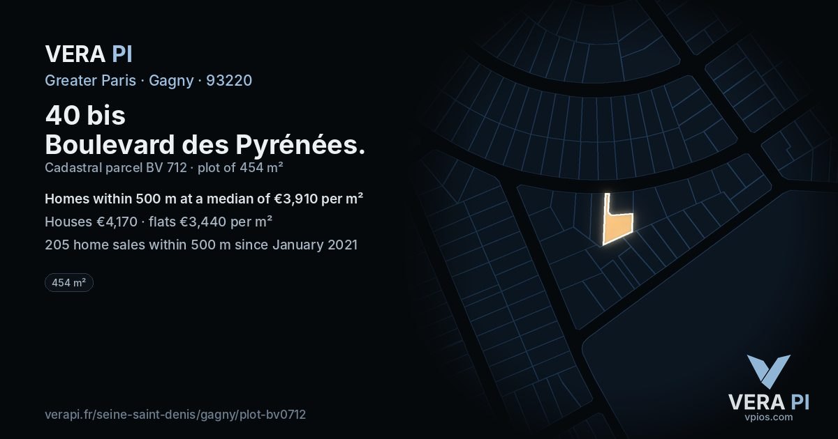 40 bis Boulevard des Pyrénées, Gagny at night – the plot lit, the parcels around coloured by the prices near them