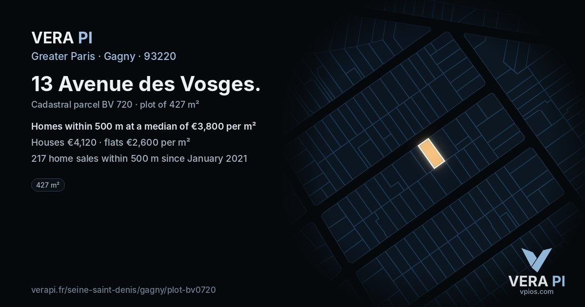 13 Avenue des Vosges, Gagny at night – the plot lit, the parcels around coloured by the prices near them