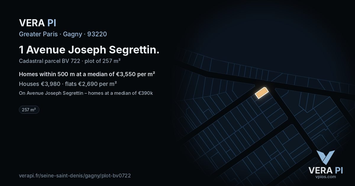 1 Avenue Joseph Segrettin, Gagny at night – the plot lit, the parcels around coloured by the prices near them