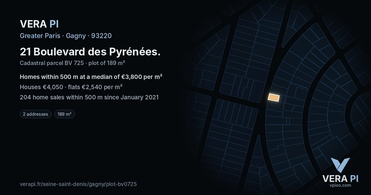21 Boulevard des Pyrénées, Gagny at night – the plot lit, the parcels around coloured by the prices near them