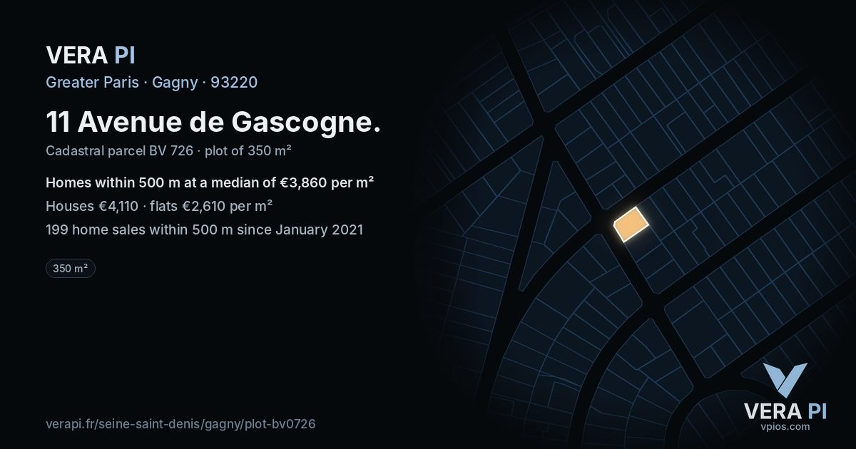 11 Avenue de Gascogne, Gagny at night – the plot lit, the parcels around coloured by the prices near them