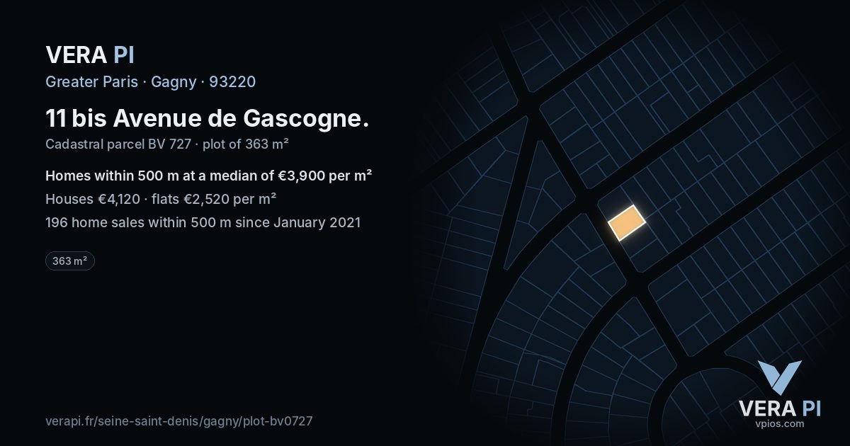 11 bis Avenue de Gascogne, Gagny at night – the plot lit, the parcels around coloured by the prices near them