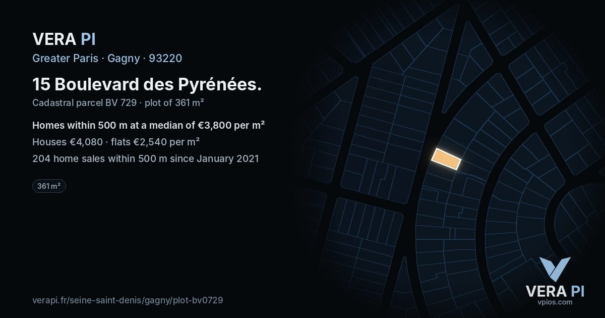 15 Boulevard des Pyrénées, Gagny at night – the plot lit, the parcels around coloured by the prices near them