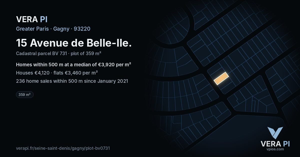 15 Avenue de Belle-Ile, Gagny at night – the plot lit, the parcels around coloured by the prices near them