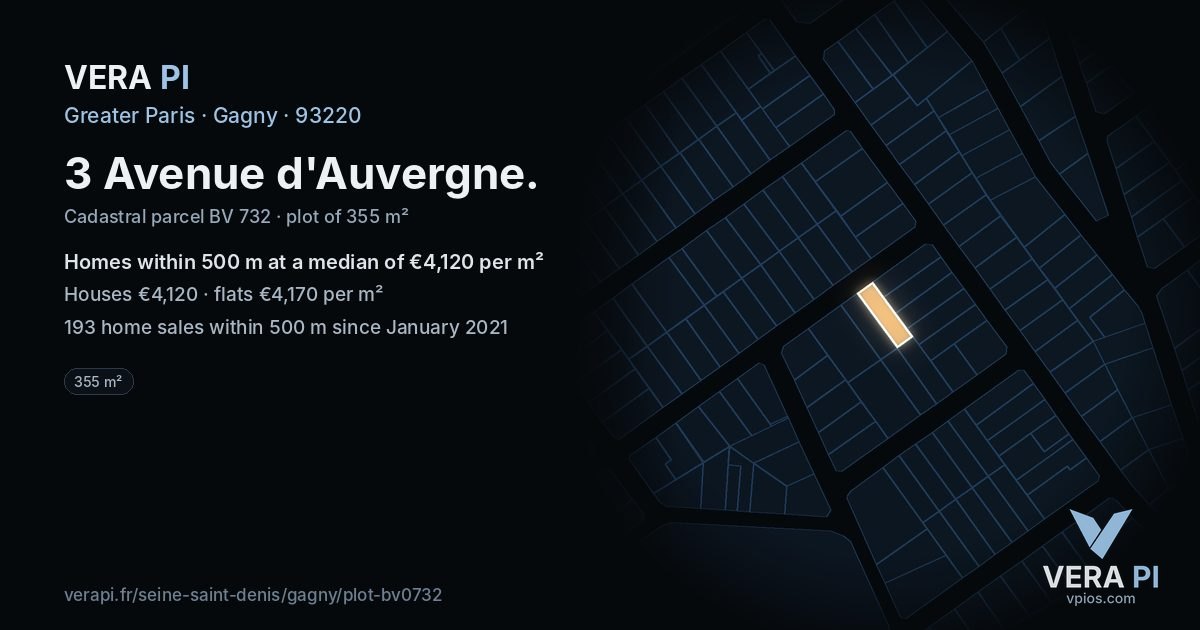 3 Avenue d'Auvergne, Gagny at night – the plot lit, the parcels around coloured by the prices near them