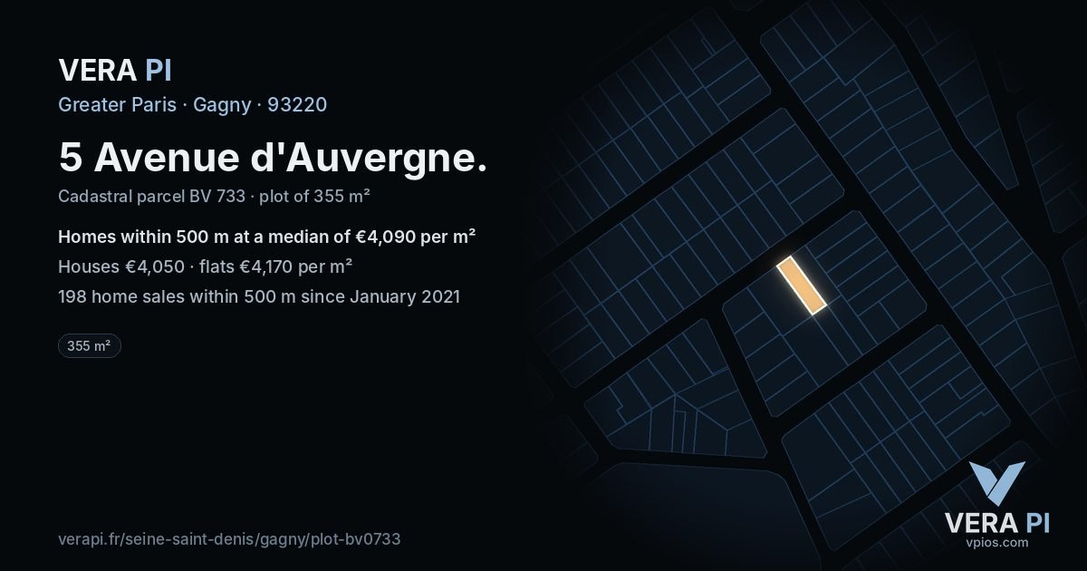 5 Avenue d'Auvergne, Gagny at night – the plot lit, the parcels around coloured by the prices near them