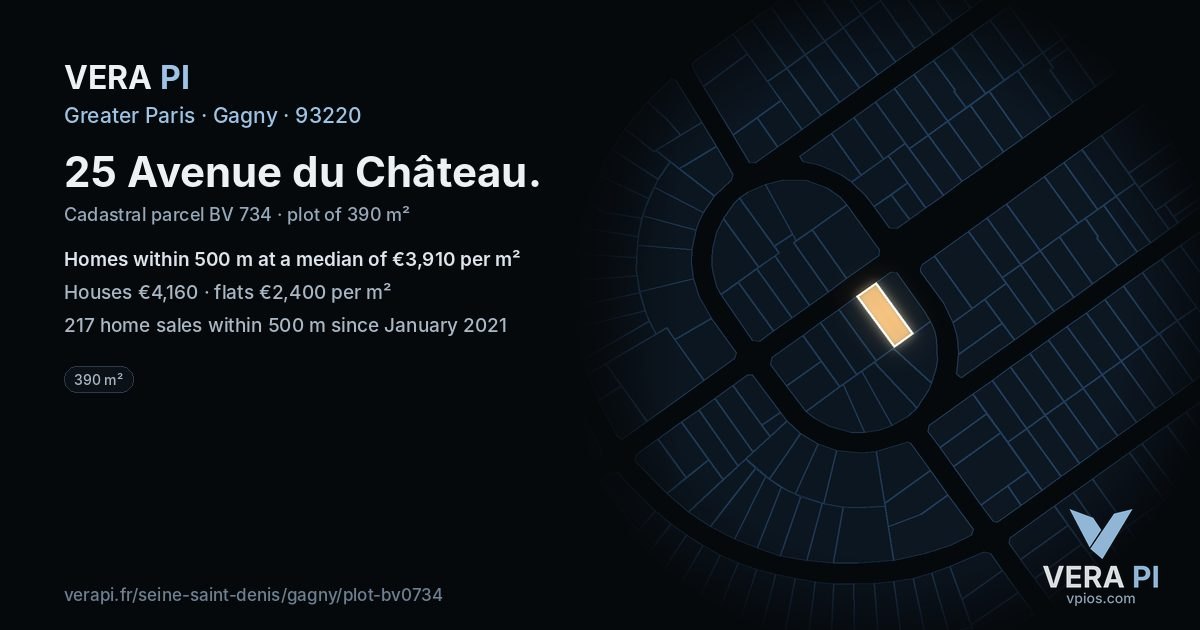 25 Avenue du Château, Gagny at night – the plot lit, the parcels around coloured by the prices near them