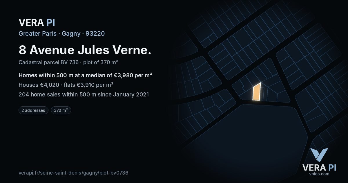 8 Avenue Jules Verne, Gagny at night – the plot lit, the parcels around coloured by the prices near them