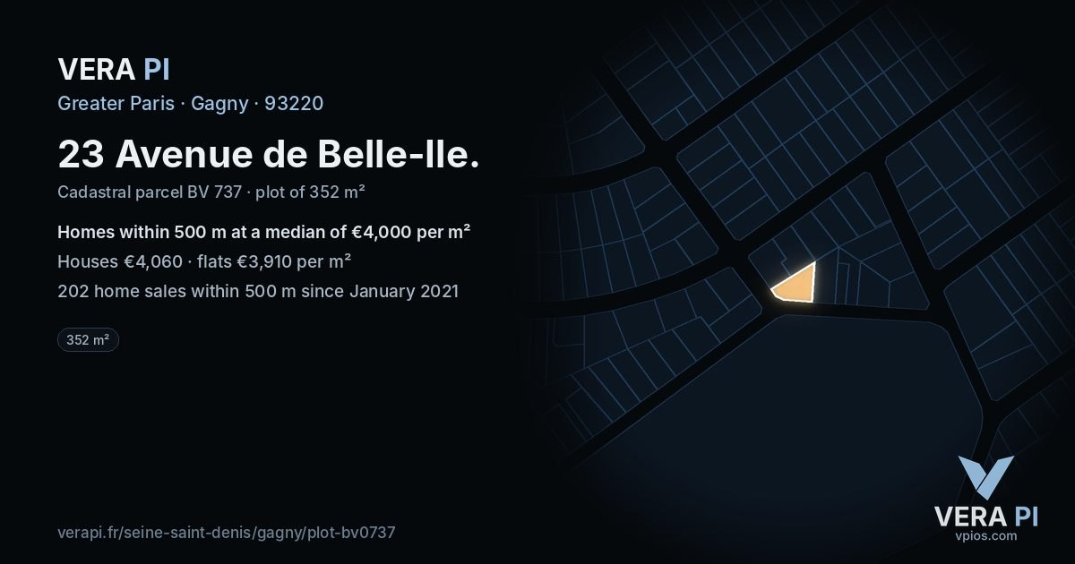 23 Avenue de Belle-Ile, Gagny at night – the plot lit, the parcels around coloured by the prices near them