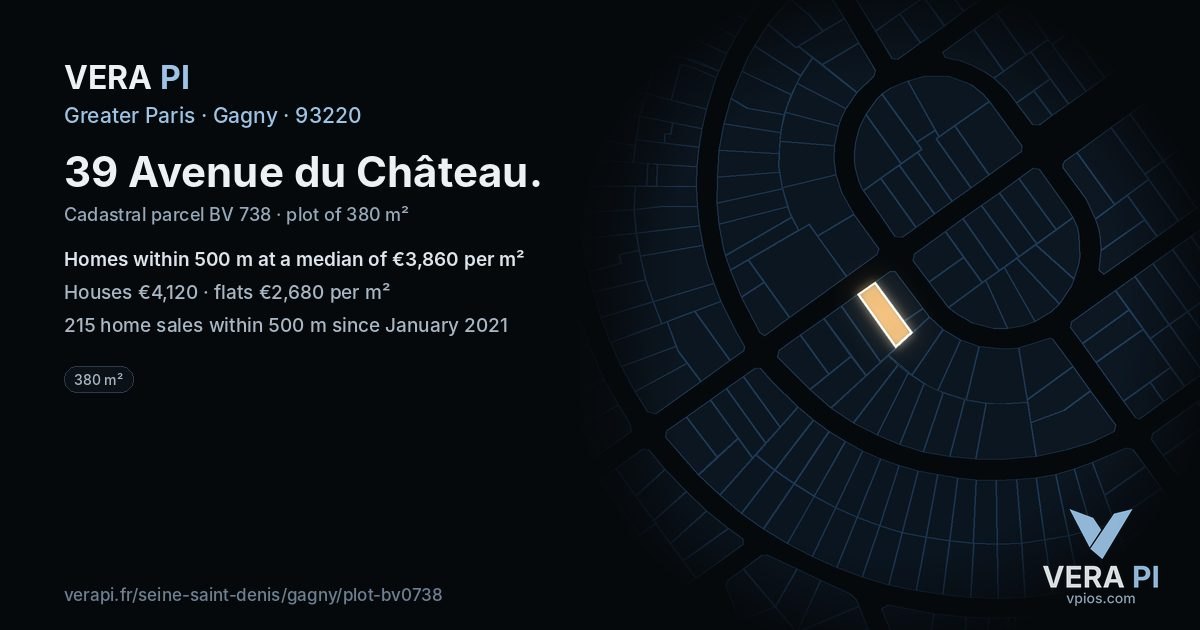 39 Avenue du Château, Gagny at night – the plot lit, the parcels around coloured by the prices near them