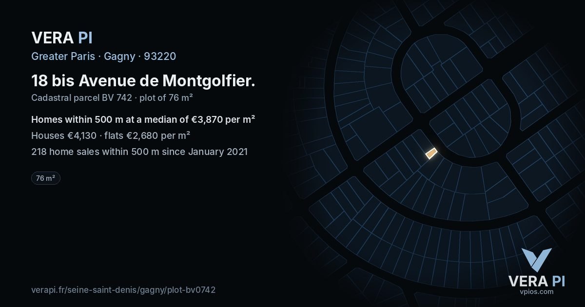 18 bis Avenue de Montgolfier, Gagny at night – the plot lit, the parcels around coloured by the prices near them