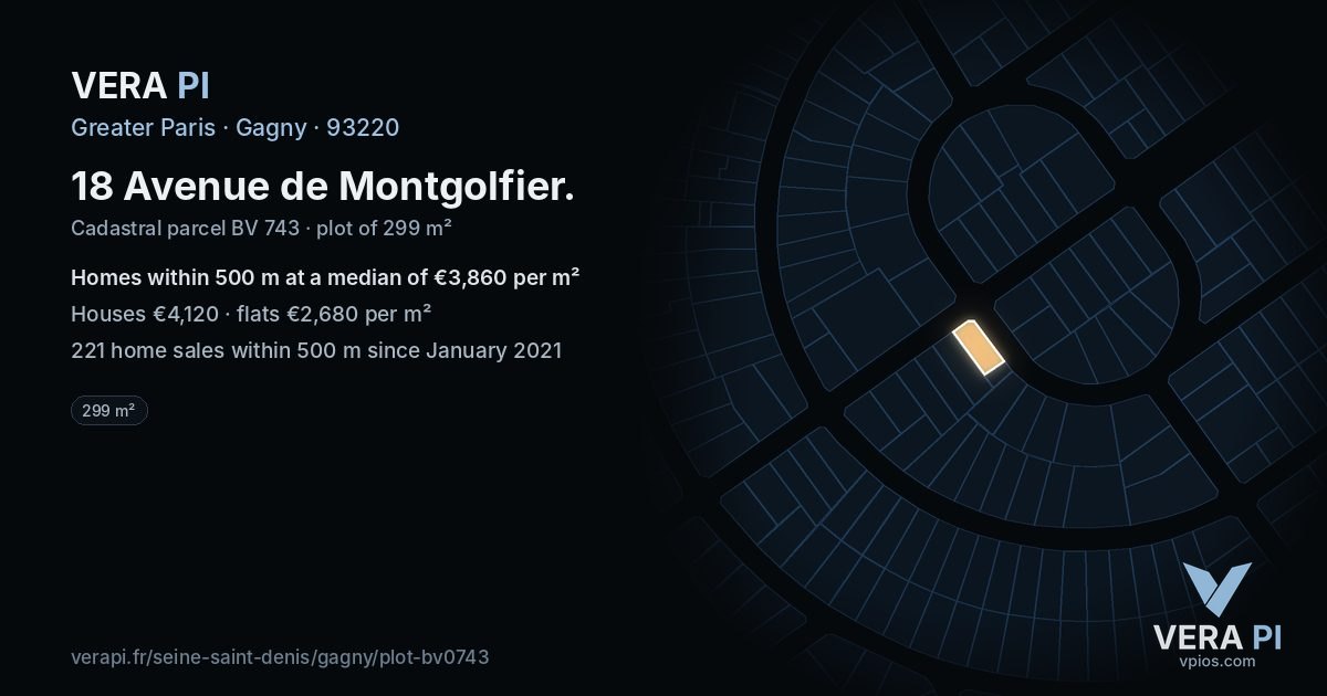 18 Avenue de Montgolfier, Gagny at night – the plot lit, the parcels around coloured by the prices near them