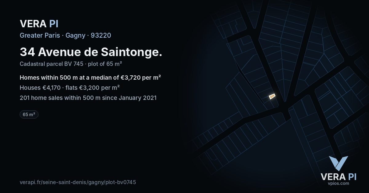 34 Avenue de Saintonge, Gagny at night – the plot lit, the parcels around coloured by the prices near them