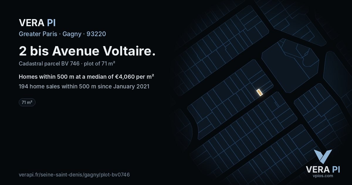 2 bis Avenue Voltaire, Gagny at night – the plot lit, the parcels around coloured by the prices near them