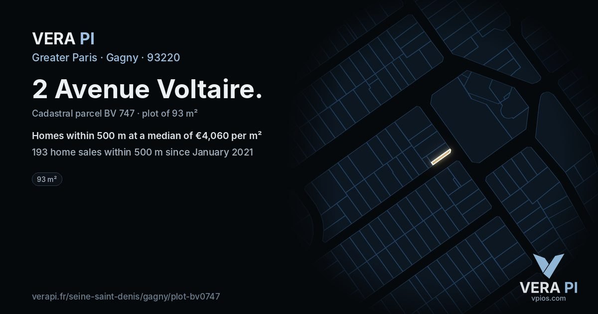2 Avenue Voltaire, Gagny at night – the plot lit, the parcels around coloured by the prices near them