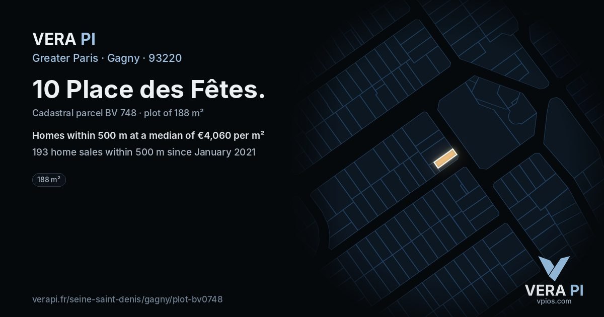 10 Place des Fêtes, Gagny at night – the plot lit, the parcels around coloured by the prices near them