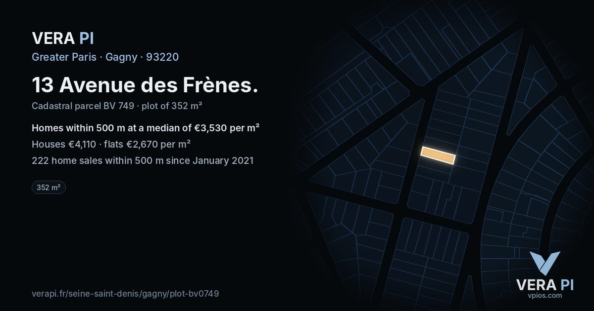 13 Avenue des Frènes, Gagny at night – the plot lit, the parcels around coloured by the prices near them