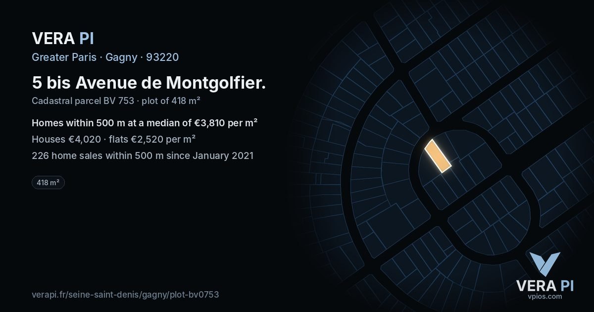 5 bis Avenue de Montgolfier, Gagny at night – the plot lit, the parcels around coloured by the prices near them