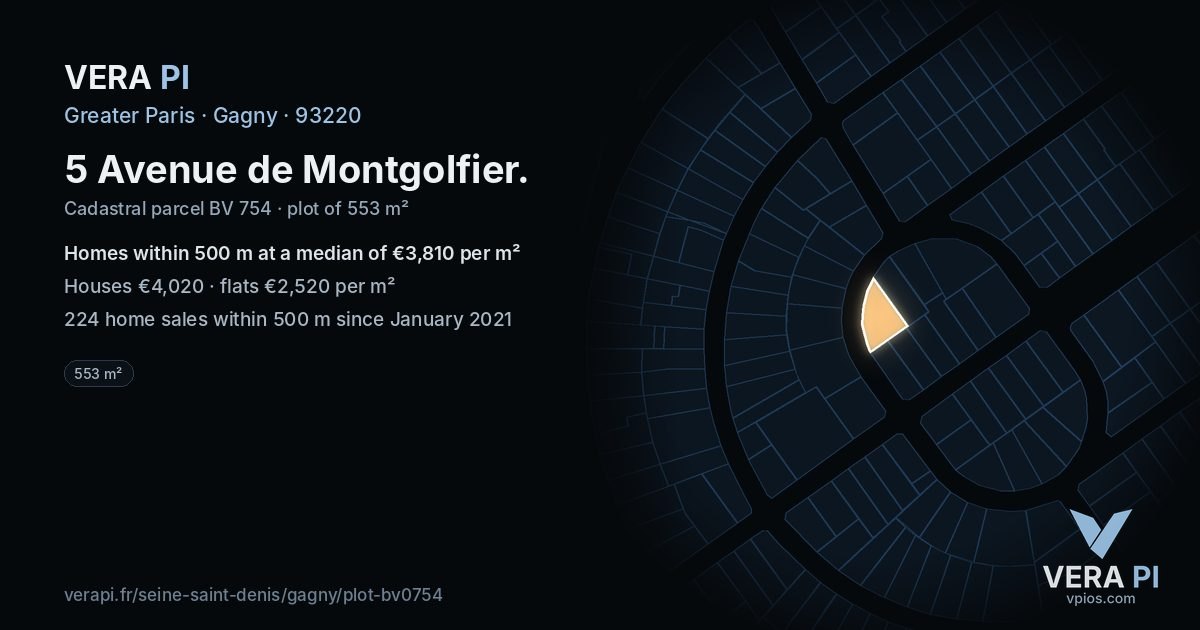 5 Avenue de Montgolfier, Gagny at night – the plot lit, the parcels around coloured by the prices near them