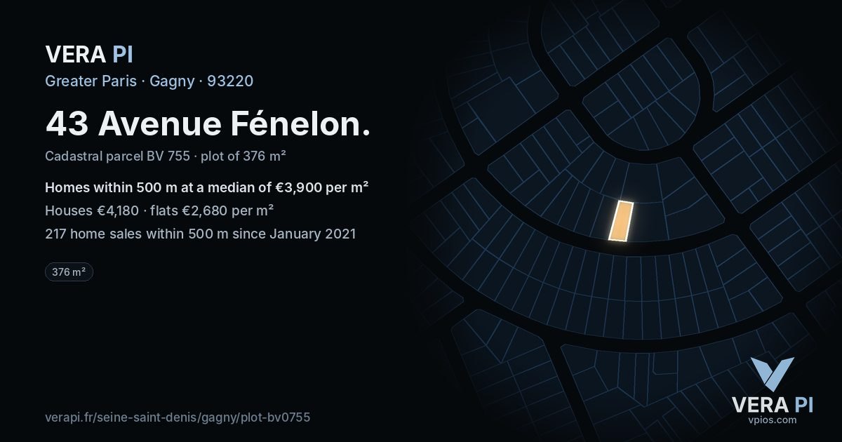 43 Avenue Fénelon, Gagny at night – the plot lit, the parcels around coloured by the prices near them