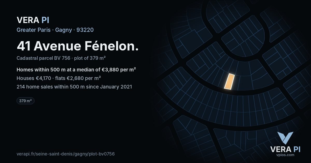 41 Avenue Fénelon, Gagny at night – the plot lit, the parcels around coloured by the prices near them