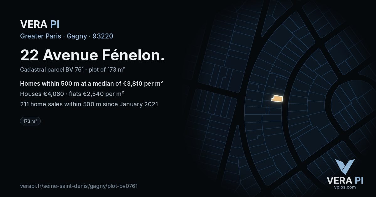 22 Avenue Fénelon, Gagny at night – the plot lit, the parcels around coloured by the prices near them