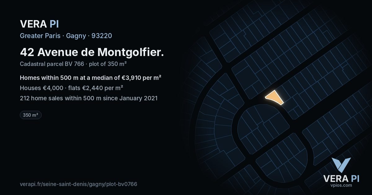 42 Avenue de Montgolfier, Gagny at night – the plot lit, the parcels around coloured by the prices near them