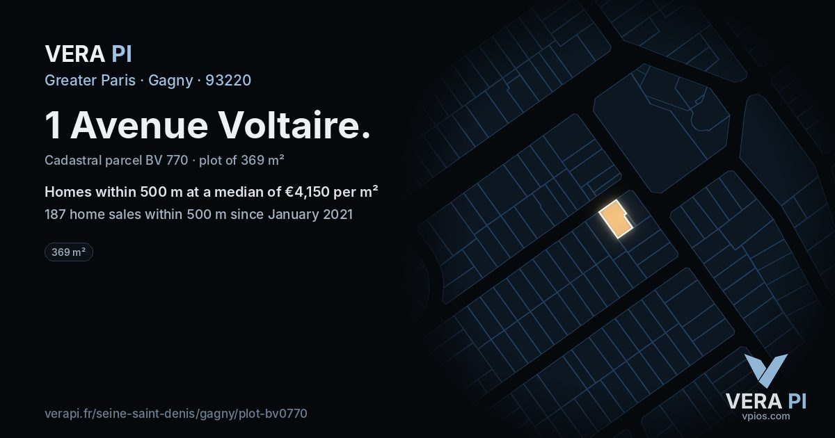 1 Avenue Voltaire, Gagny at night – the plot lit, the parcels around coloured by the prices near them