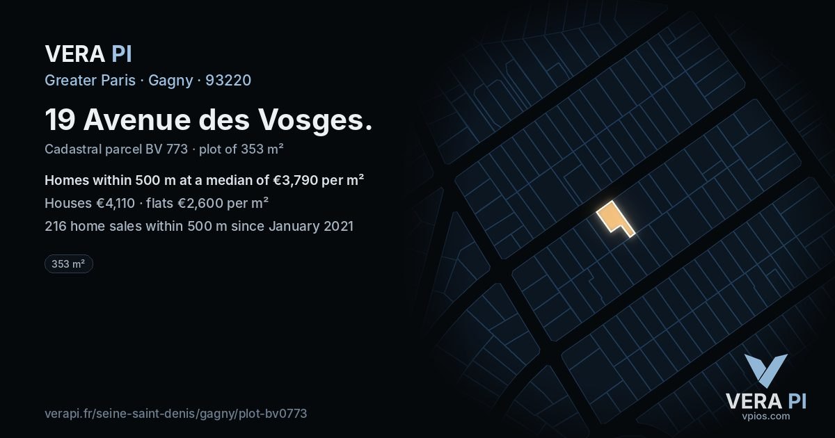 19 Avenue des Vosges, Gagny at night – the plot lit, the parcels around coloured by the prices near them