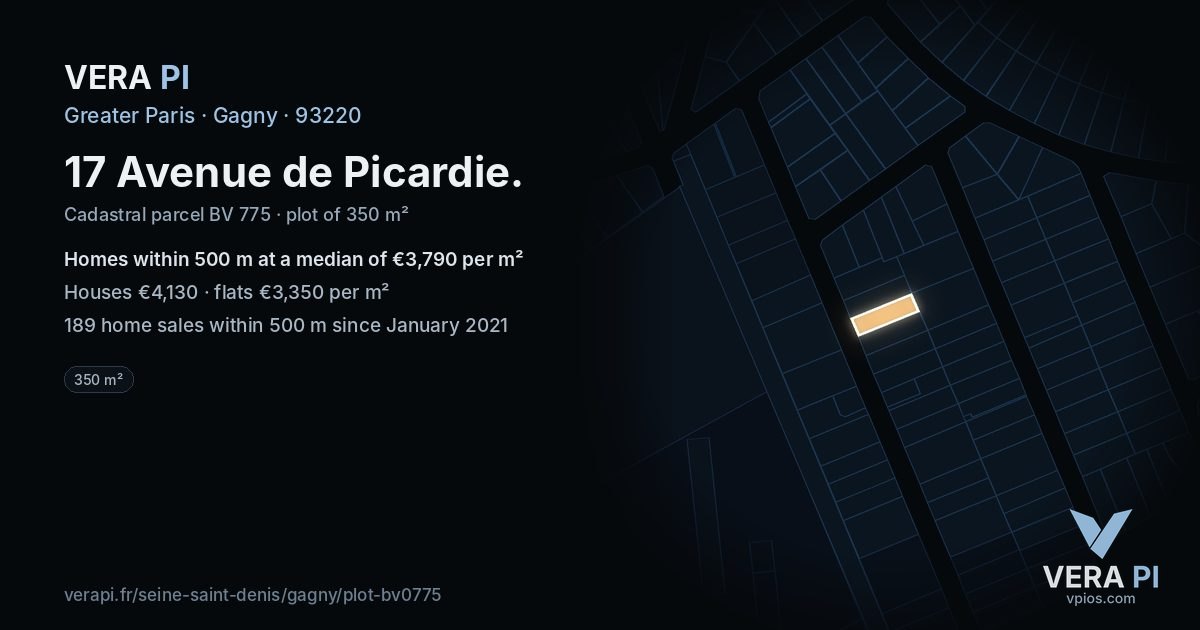 17 Avenue de Picardie, Gagny at night – the plot lit, the parcels around coloured by the prices near them