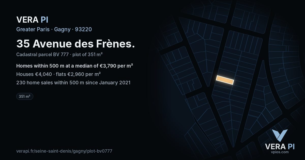 35 Avenue des Frènes, Gagny at night – the plot lit, the parcels around coloured by the prices near them