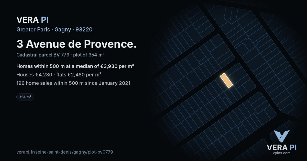 3 Avenue de Provence, Gagny at night – the plot lit, the parcels around coloured by the prices near them