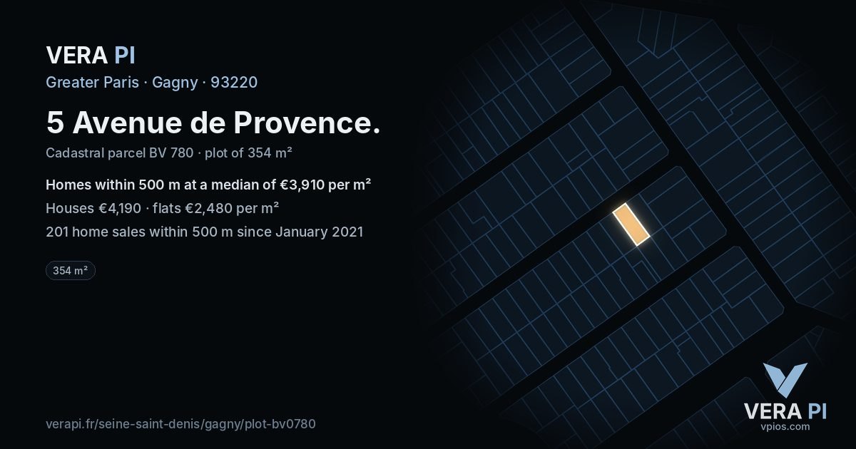 5 Avenue de Provence, Gagny at night – the plot lit, the parcels around coloured by the prices near them